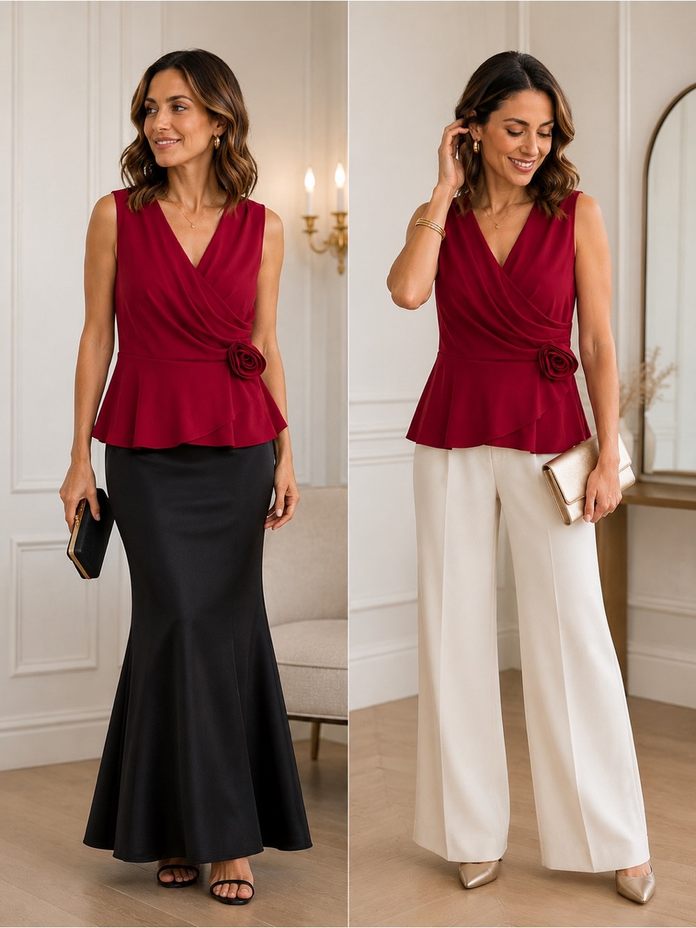 Adrianna Papell Wine Sleeveless Surplice Peplum Top with Rosette